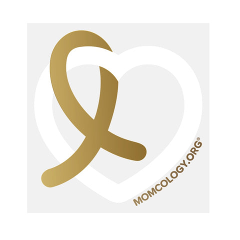 Momcology Heart with Metallic Gold Ribbon Car Cling