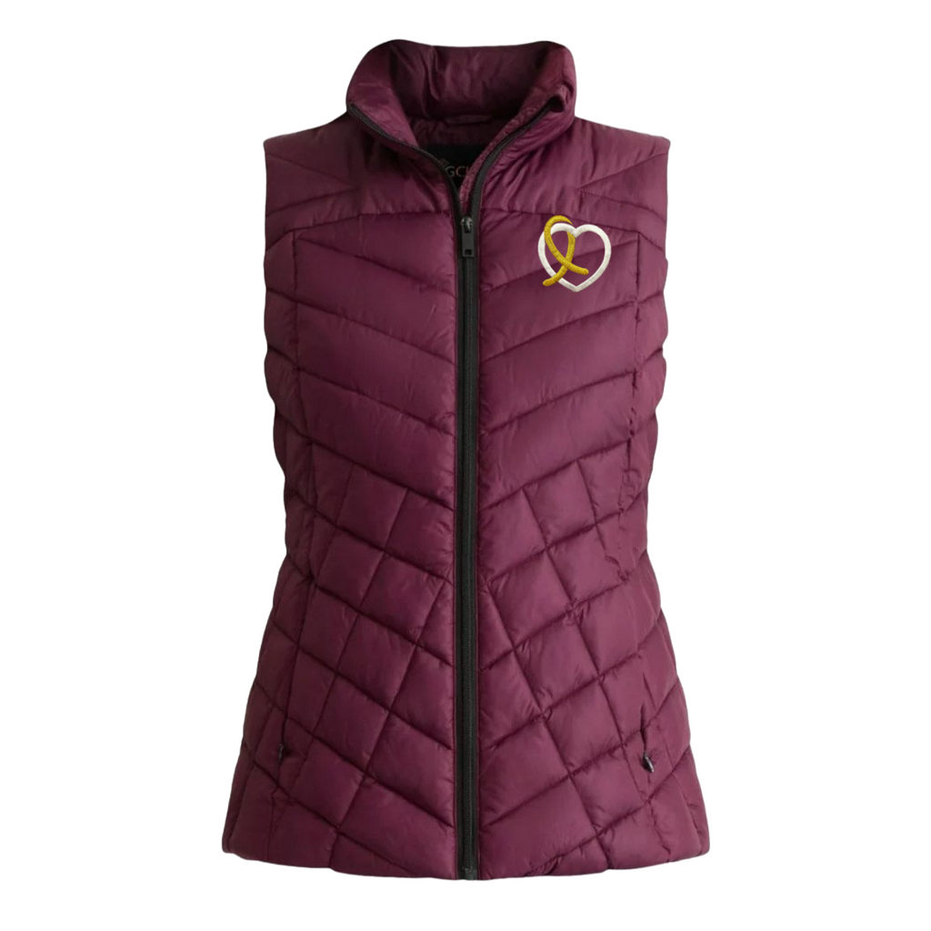 Momcology Quilted Puffer Vest with Cream and Metallic Gold Embroidered Logo